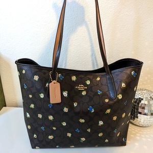 Coach Brown Floral Logo Tote with Blue and Cream Accents
